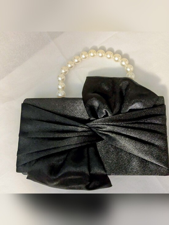 Handbags - Elegant Black Satin Clutch with Pearl Handle with Silver Chain